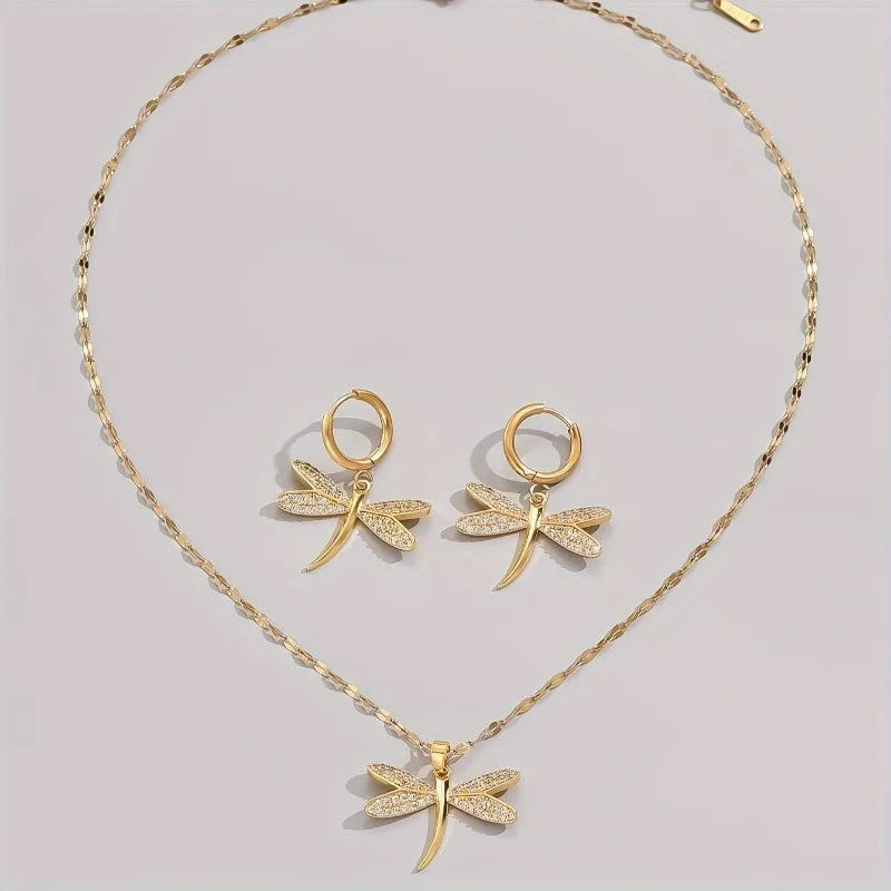 Collier en libellule dorée avec boucles d'oreilles bonus