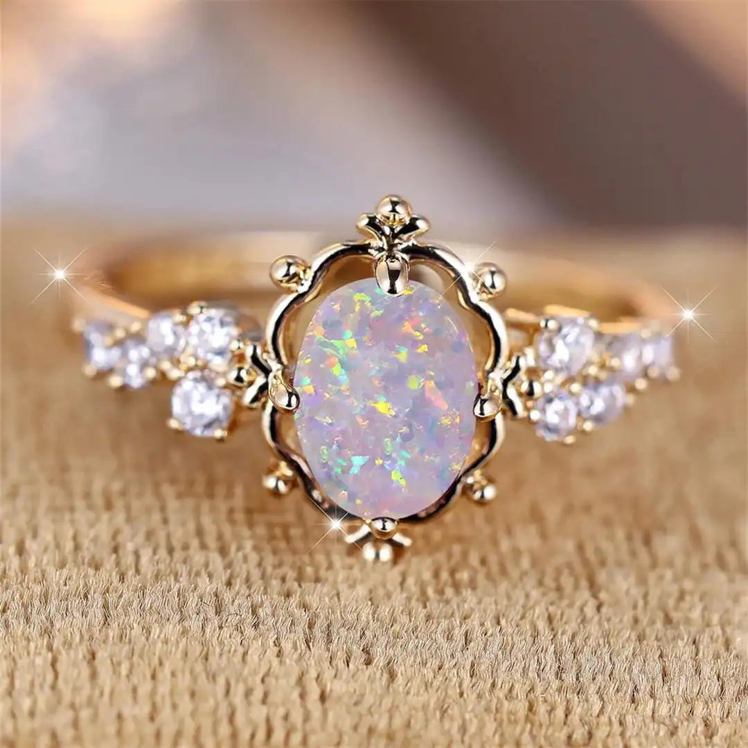Bague Fleur en Pierre Ovale Opale de Feu Blanche