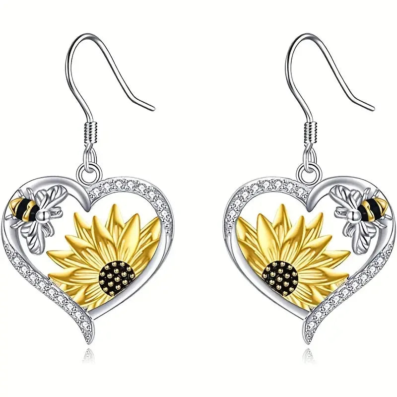 Boucles d'oreilles pendentif vintage boho en forme de cœur avec tournesol et abeille