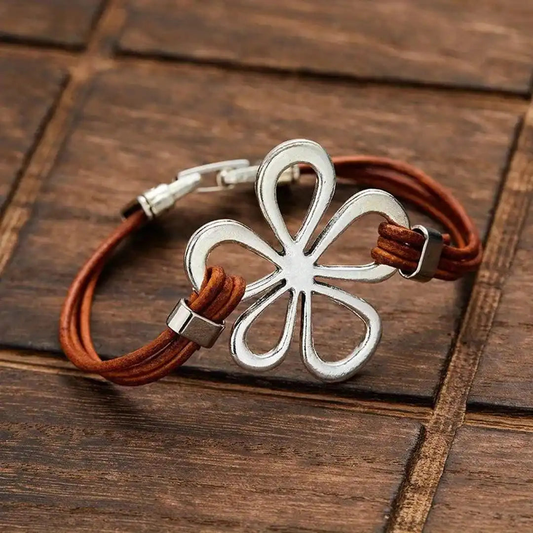 Bracelet en cuir classique Fleur Argentée