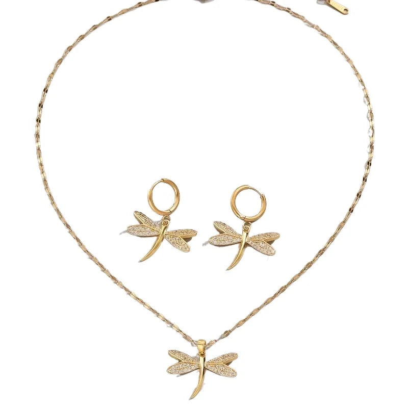 Collier en libellule dorée avec boucles d'oreilles bonus