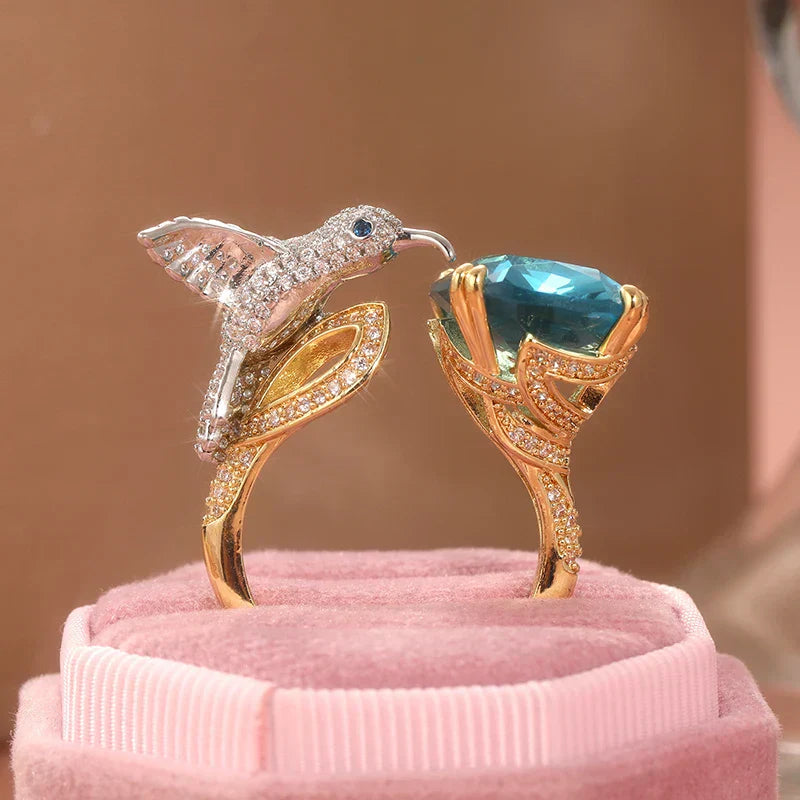 Bague colibri aquamarine ajustable – plaqué or 14K