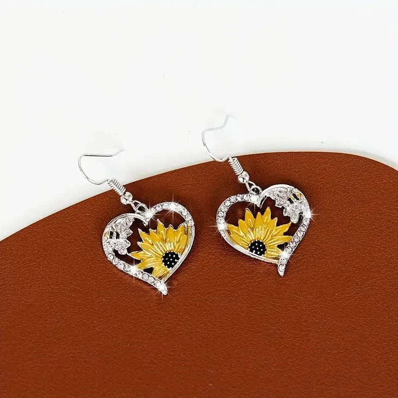 Boucles d'oreilles pendentif vintage boho en forme de cœur avec tournesol et abeille