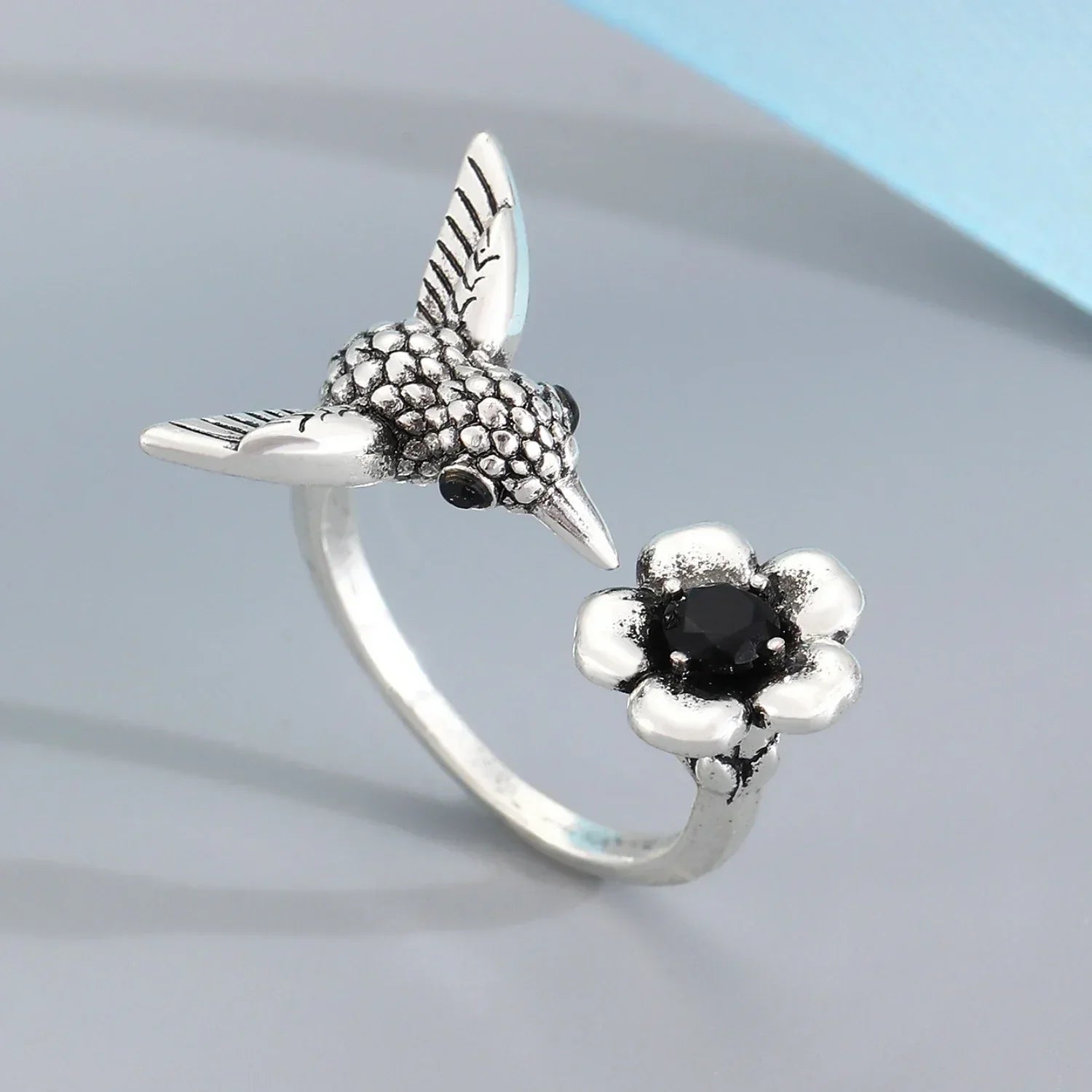 Bague colibri et fleur – bague ouverte réglable en forme d'oiseau pour femmes
