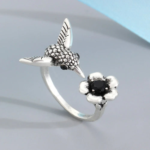 Bague colibri et fleur – bague ouverte réglable en forme d'oiseau pour femmes