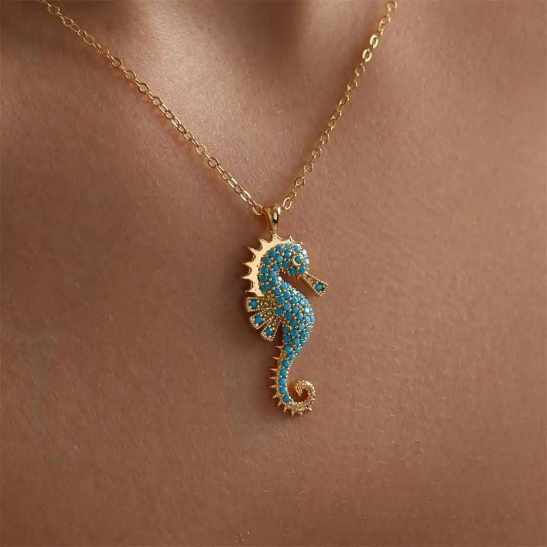 Collier pendentif Hippocampe doré turquoise