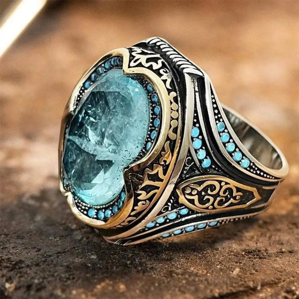 Bague en Zirconium Bleu Argent Antique