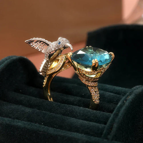 Bague colibri aquamarine ajustable – plaqué or 14K