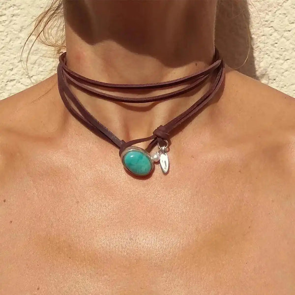 Collier pendentif vintage bohème turquoise
