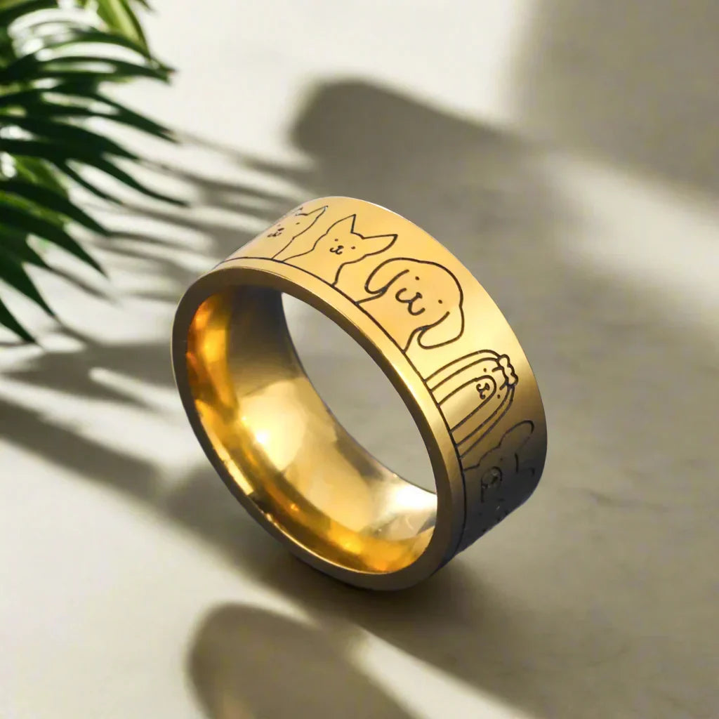 Bague pour chien en acier inoxydable large – design gravé pour femmes