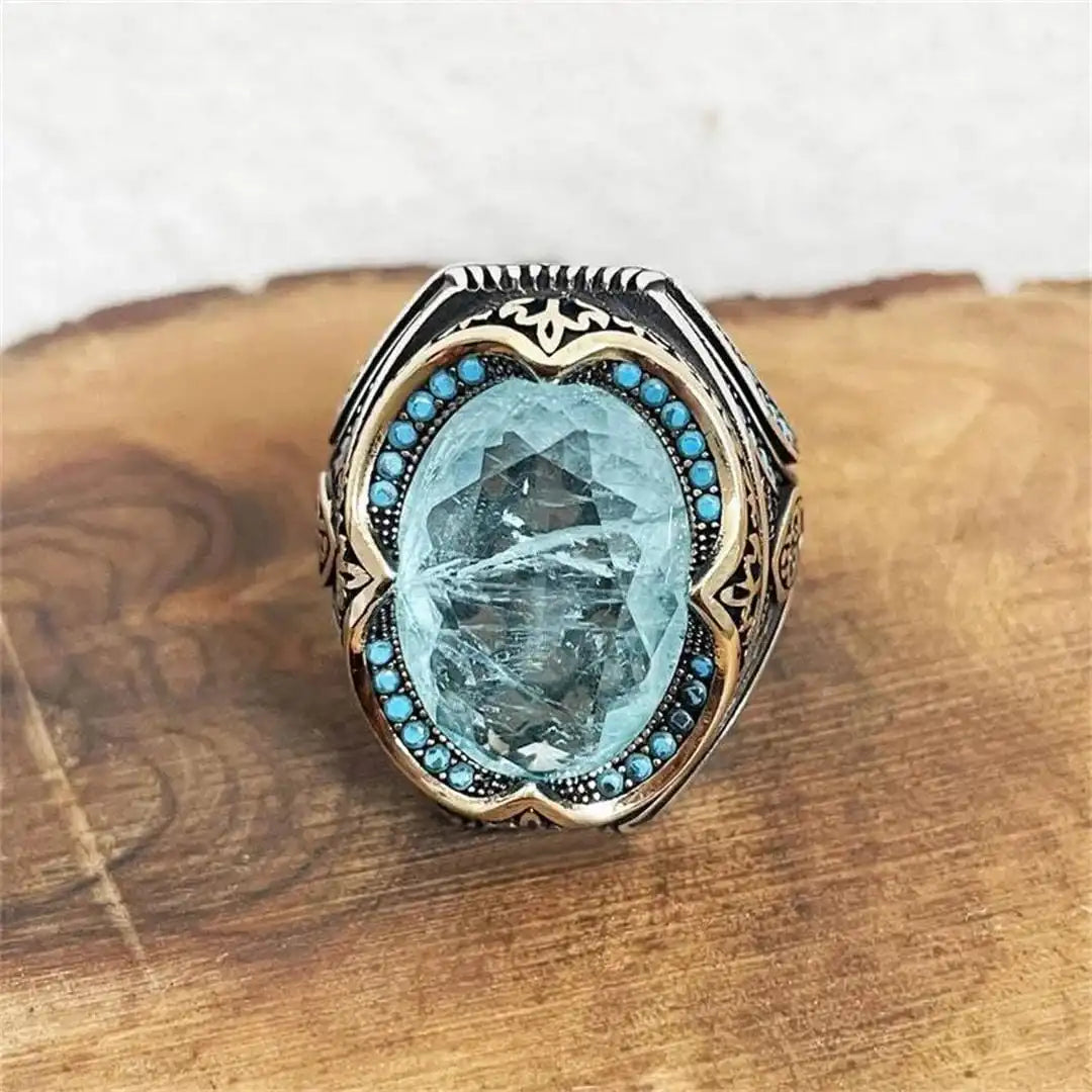 Bague en Zirconium Bleu Argent Antique