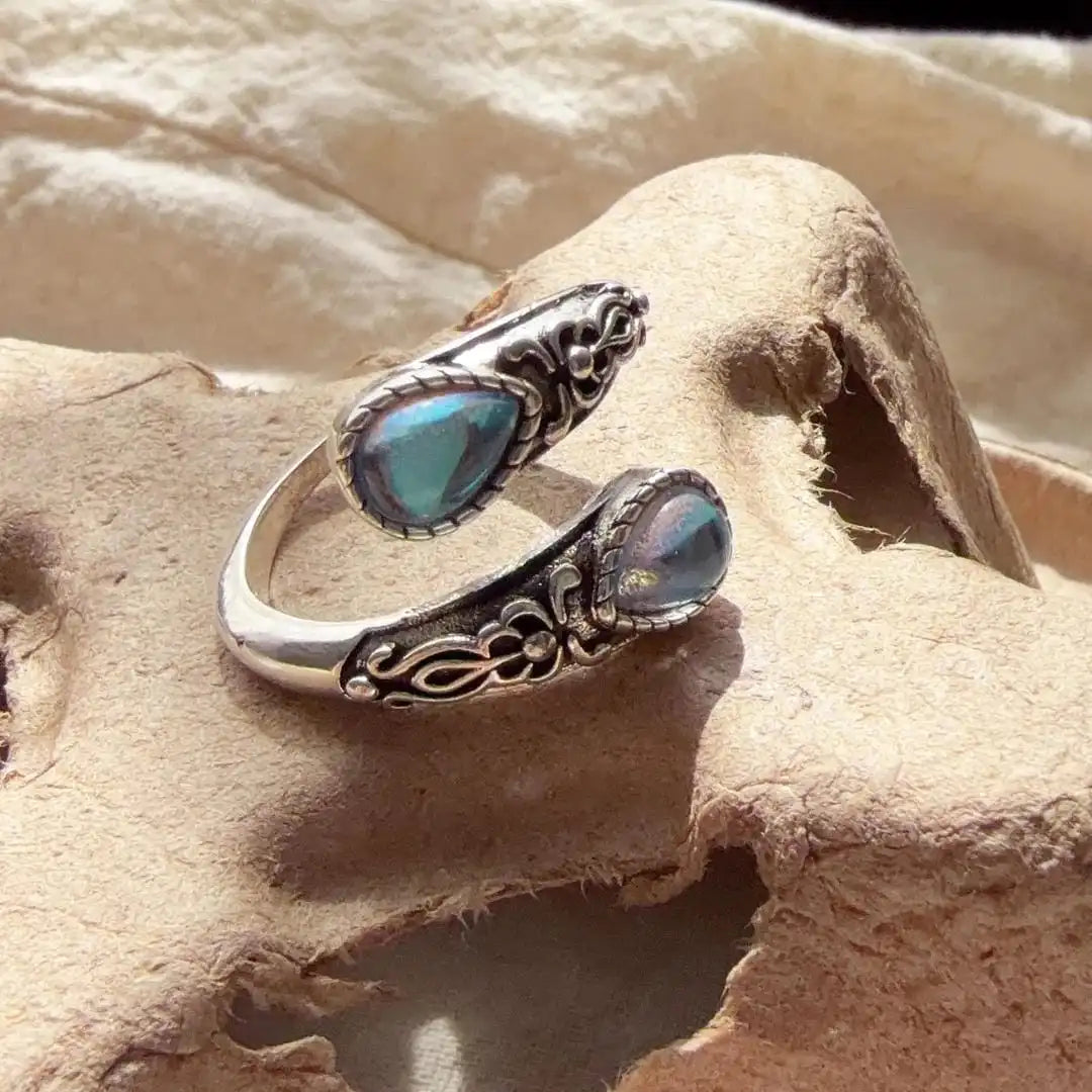 Bague Vintage Ajustable en Argent avec Pierre Bleue