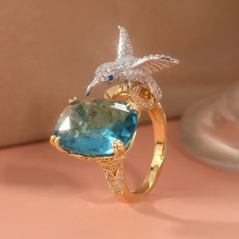 Bague colibri aquamarine ajustable – plaqué or 14K