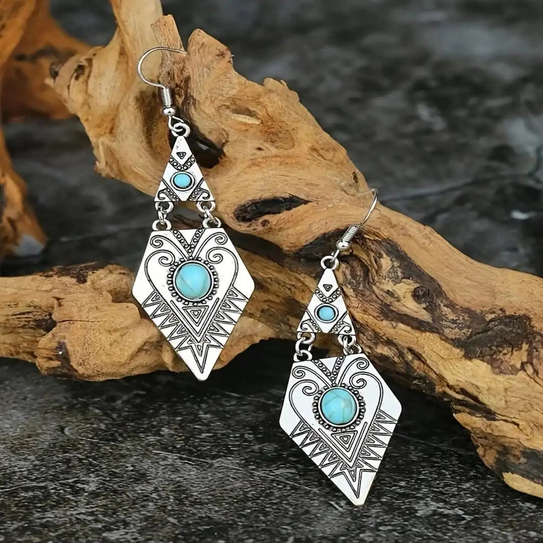 Boucles d'oreilles vintage bohème en losanges turquoise