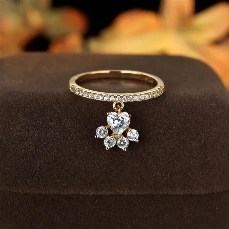 Bague vintage chat patte et cœur en pierre – doré et argenté