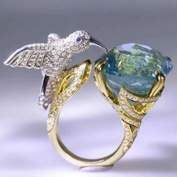 Bague colibri aquamarine ajustable – plaqué or 14K