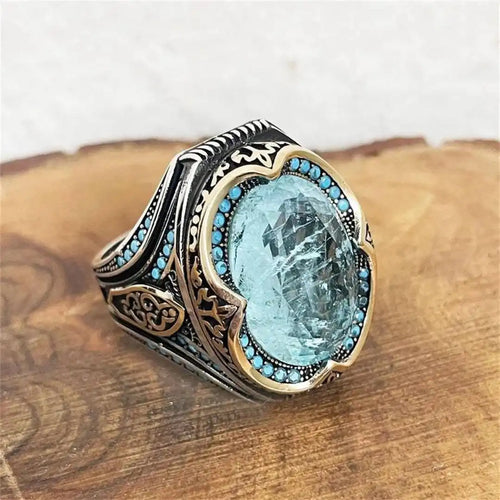 Bague en Zirconium Bleu Argent Antique