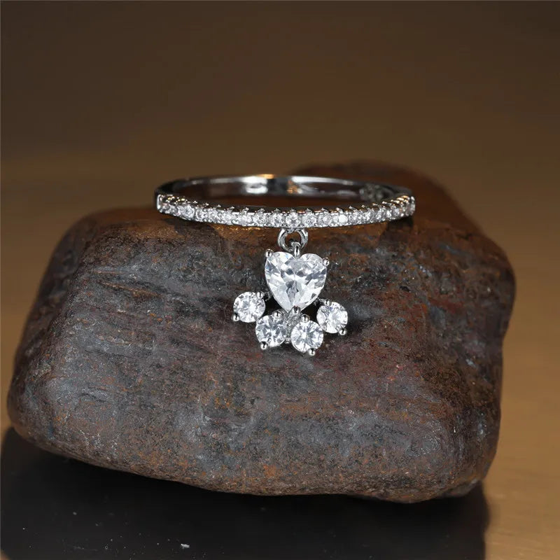 Bague vintage chat patte et cœur en pierre – doré et argenté