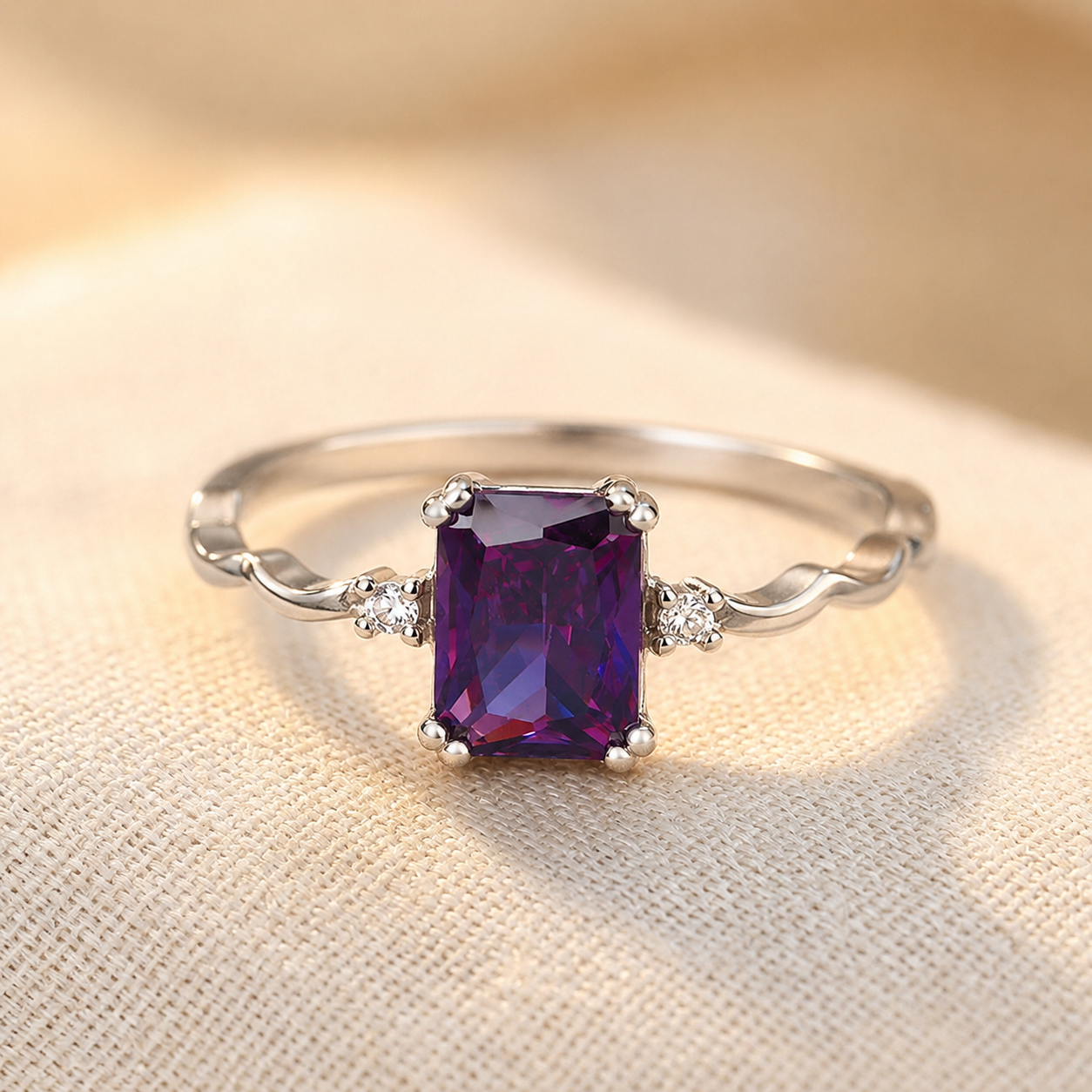 Bague Améthyste Taille Émeraude en Argent
