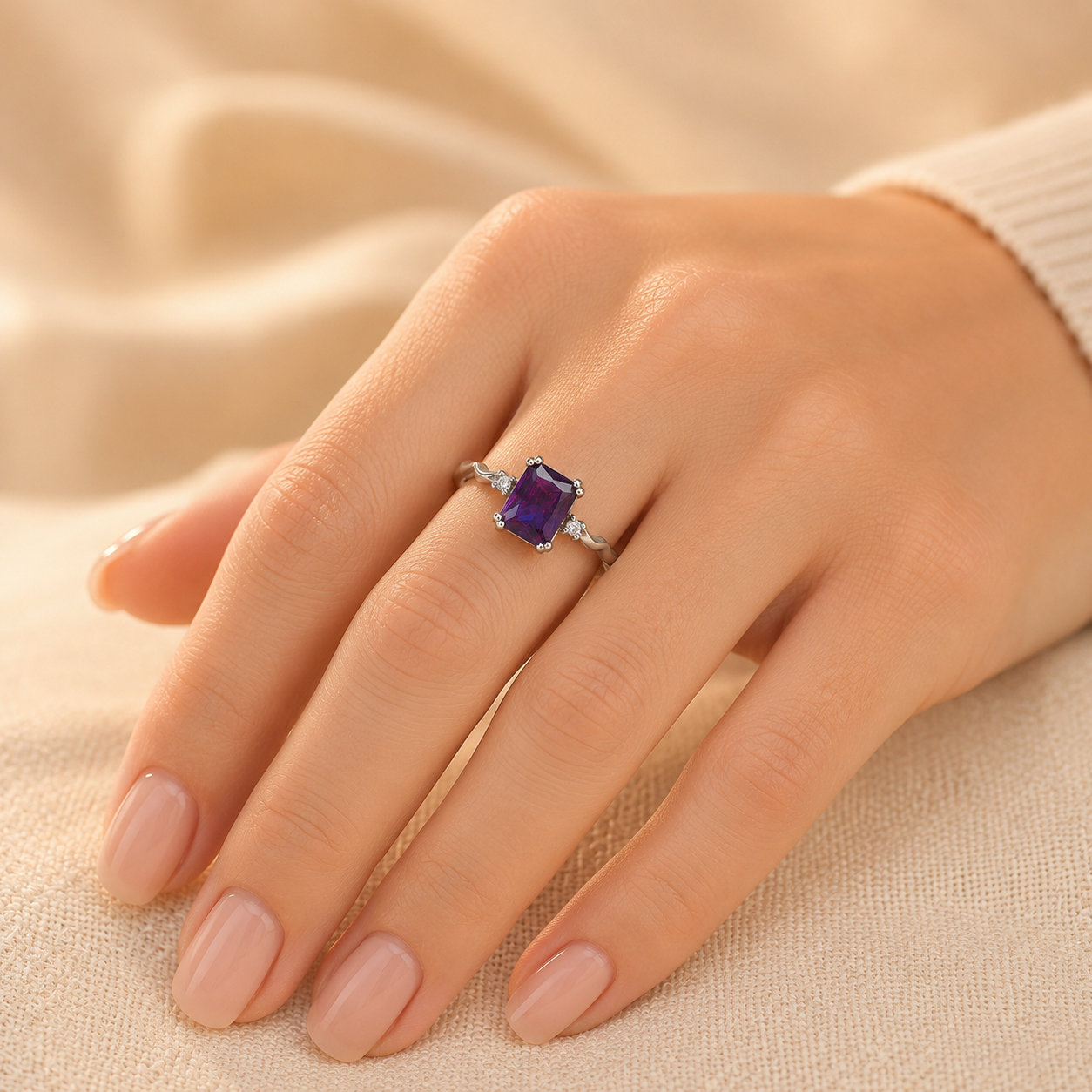 Bague Améthyste Taille Émeraude en Argent