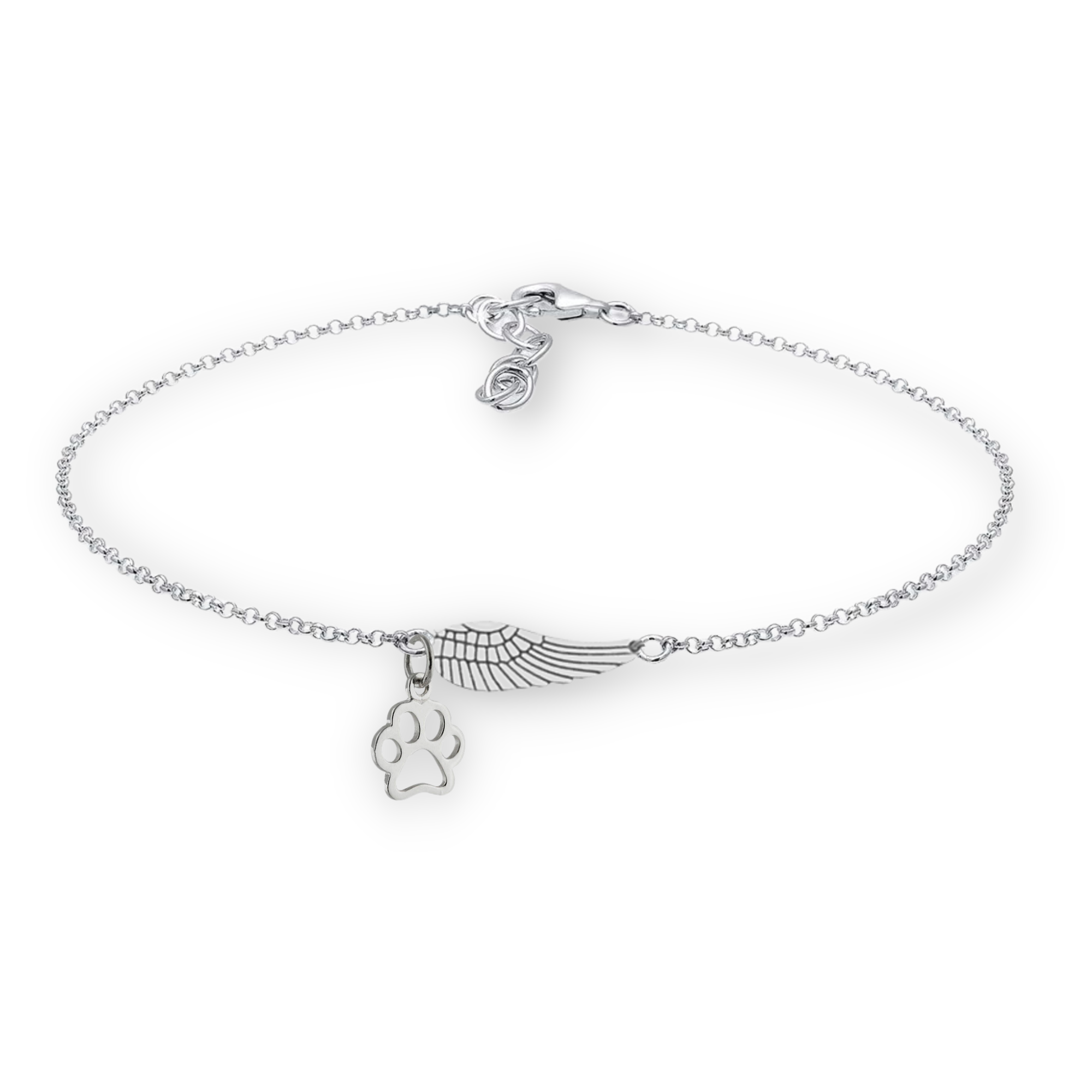 Bracelet souvenir argenté avec une aile d'ange et une patte, fait à la main