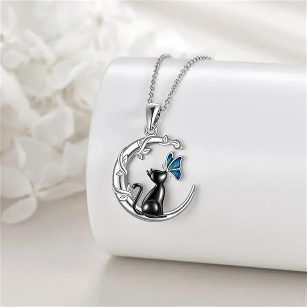 Collier pendentif cristal papillon chat lune