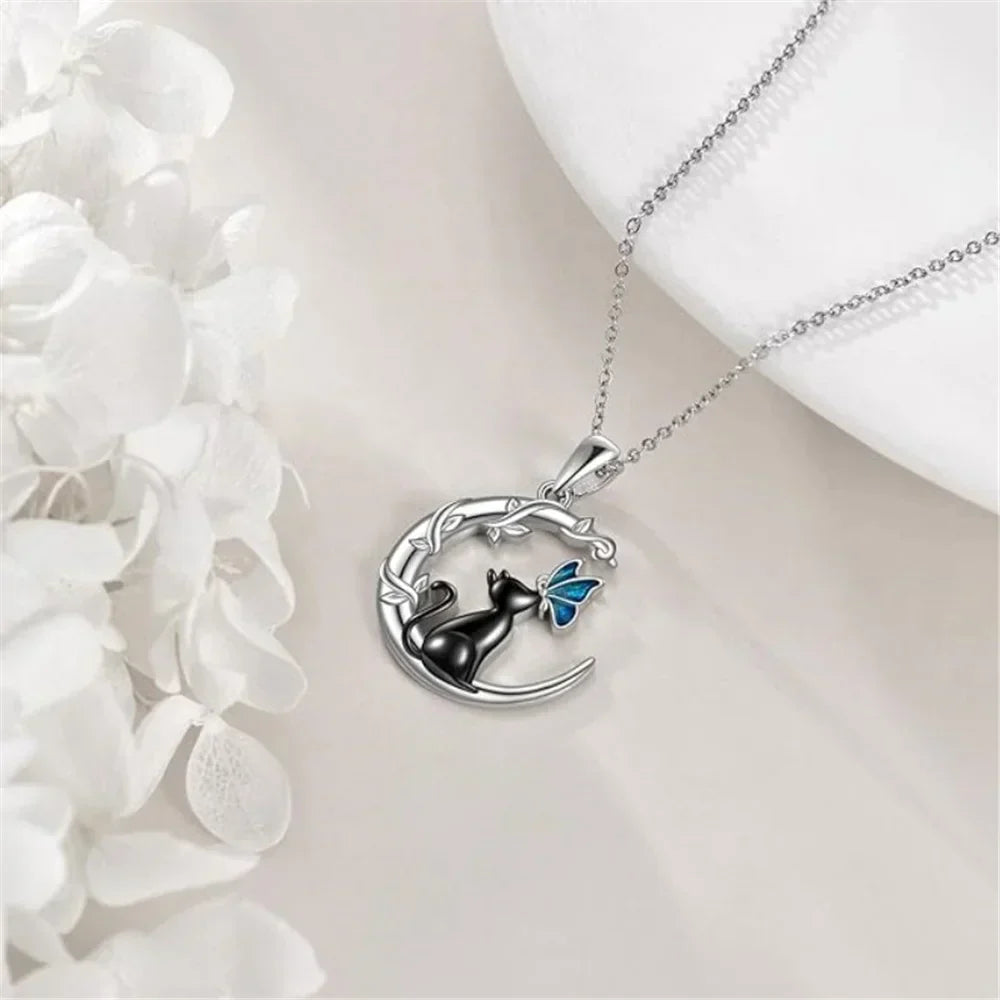 Collier pendentif cristal papillon chat lune