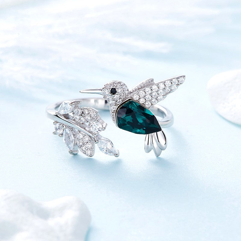 Bague ajustable en forme de colibri avec strass en diamant