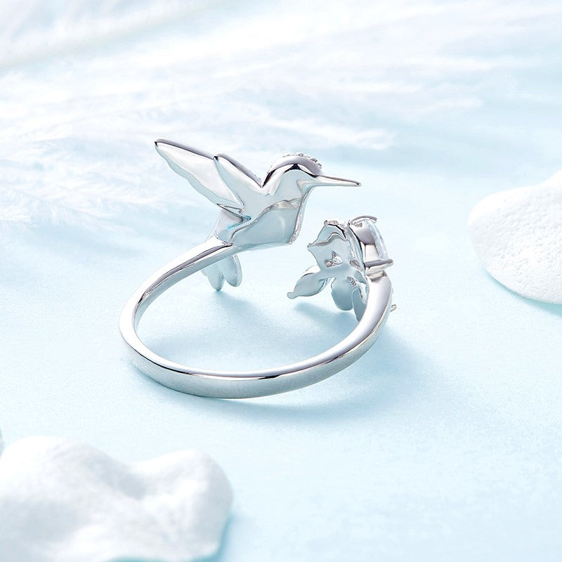 Bague ajustable en forme de colibri avec strass en diamant