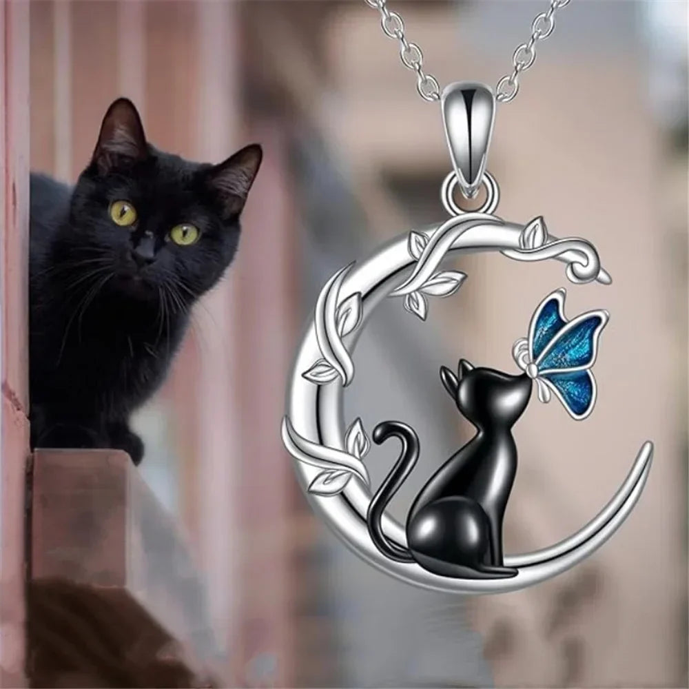 Collier pendentif cristal papillon chat lune