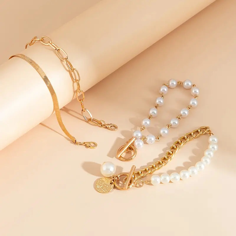 Ensemble chic de 4 bracelets dorés – serpent, perles et mailles | Or