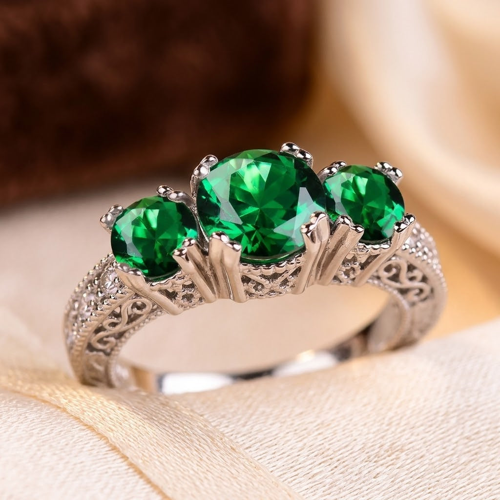 Bague Émeraude Trois Pierres en Argent