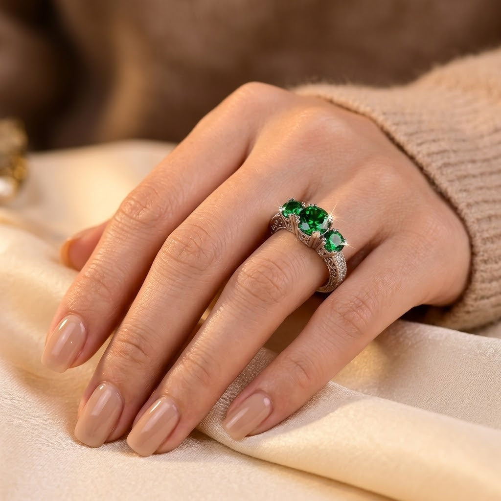 Bague Émeraude Trois Pierres en Argent