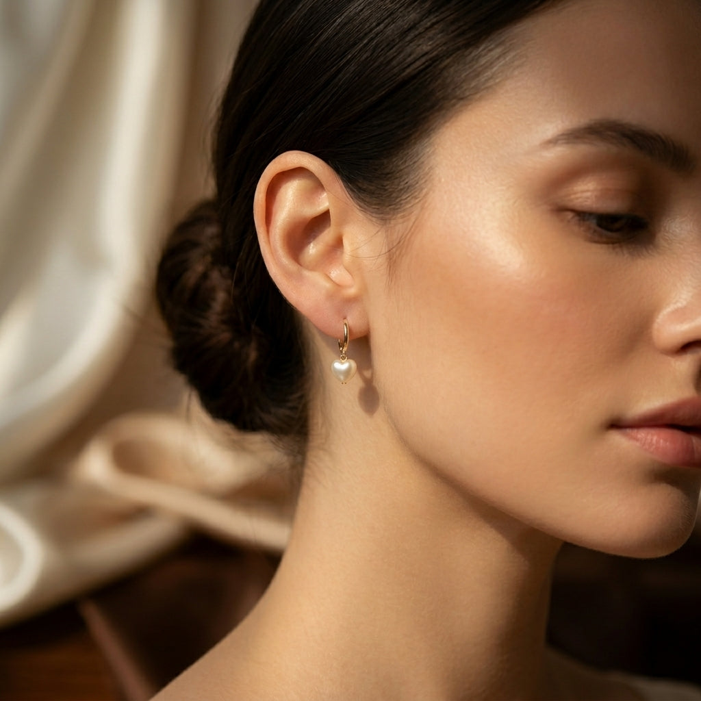 Boucles d'Oreilles Pendantes Cœur Perle en Or