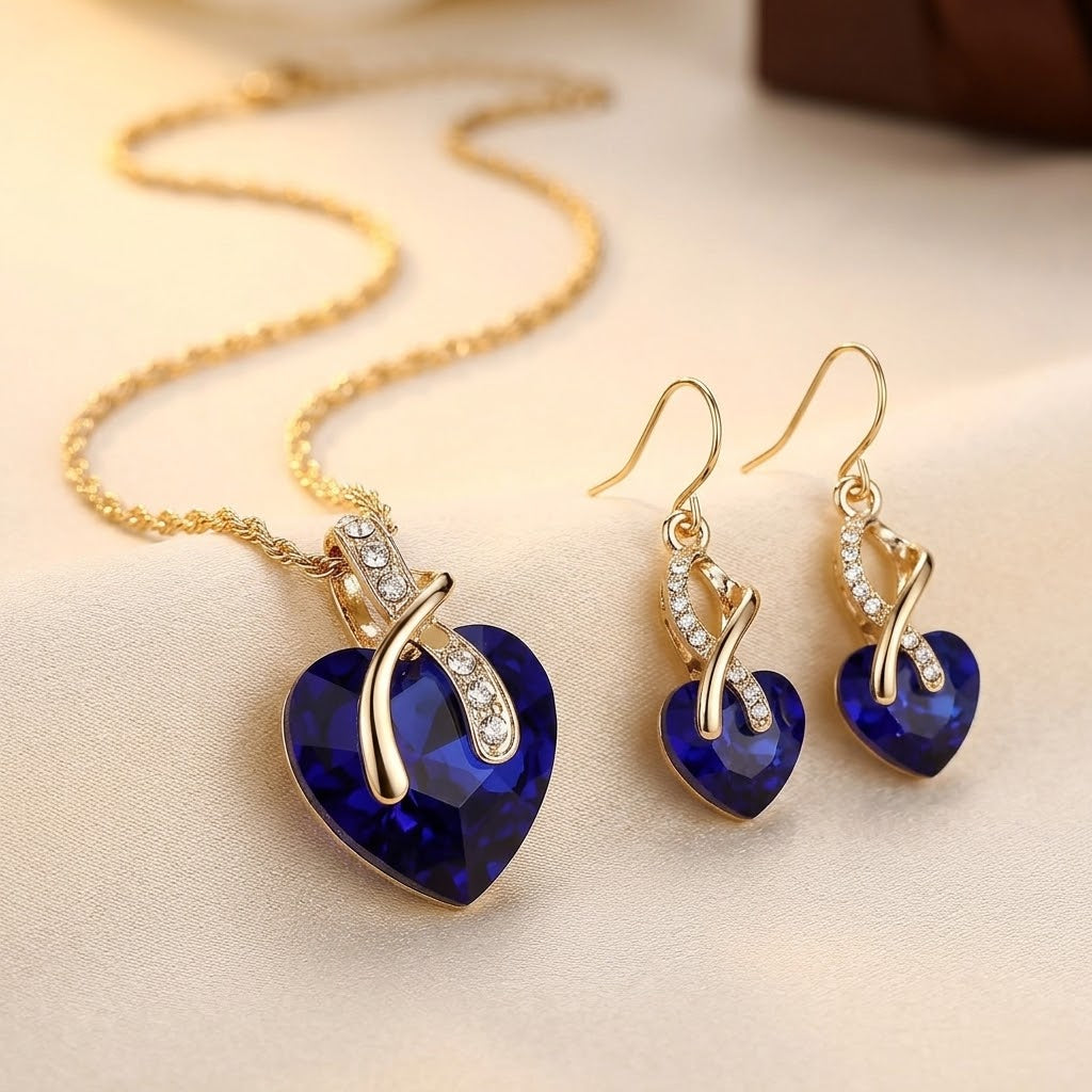 Parure Collier et Boucles d'Oreilles Saphir Cœur en Or