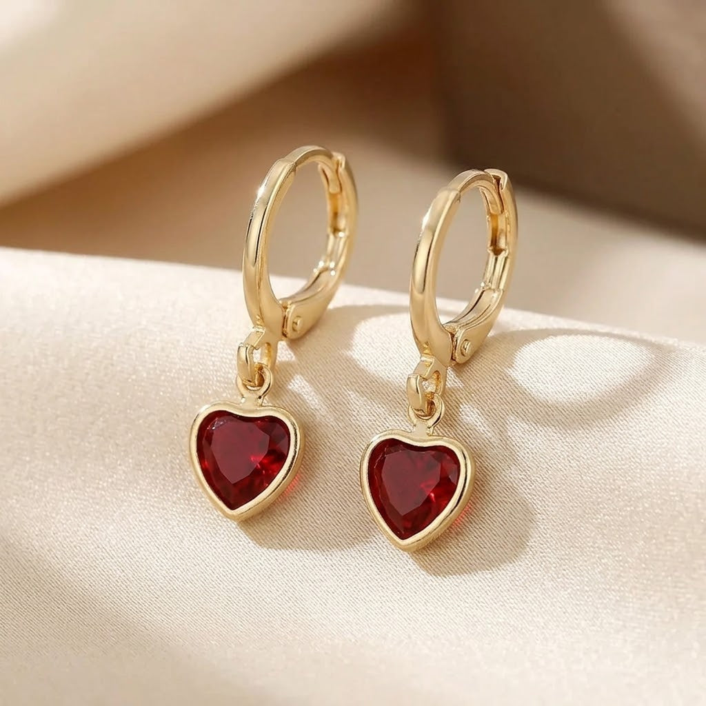 Boucles d'Oreilles Pendantes Rubis Cœur en Or