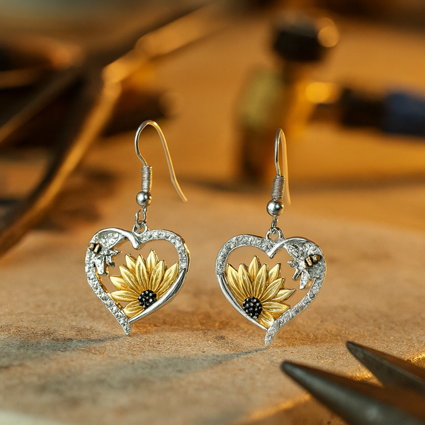 Boucles d'oreilles pendentif vintage boho en forme de cœur avec tournesol et abeille