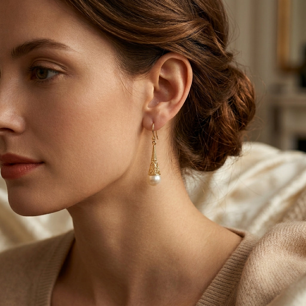 Boucles d'Oreilles Pendantes Filigrane Perle en Or