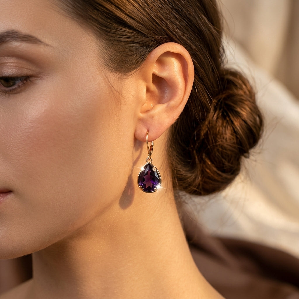 Boucles d'Oreilles Améthyste Goutte en Or