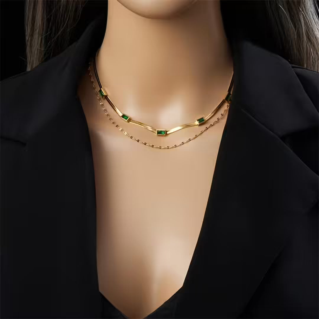 Collier rétro en or à double couche en pierre précieuse