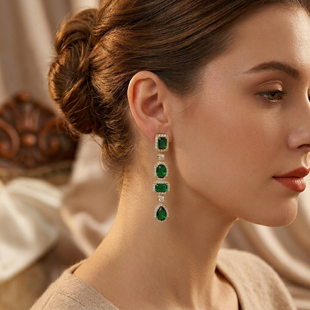 Boucles d'Oreilles Pendantes Émeraude Multi-Formes en Or