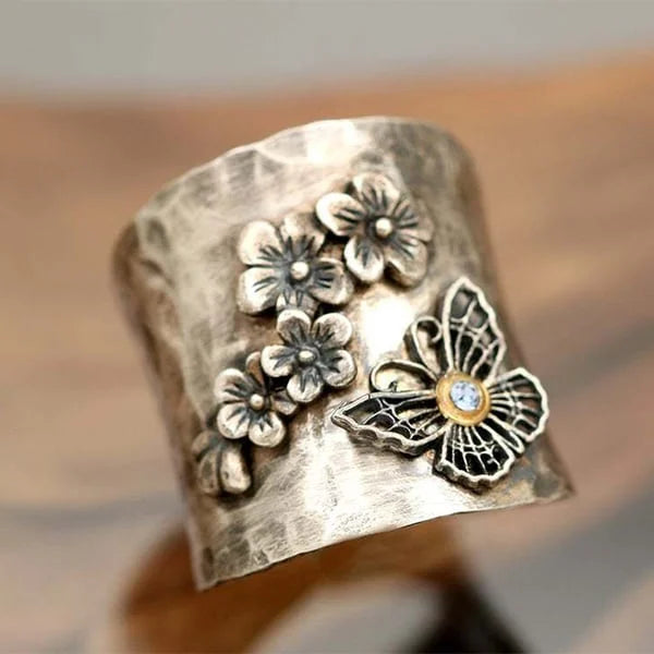 Bague large en ruban avec fleur de abeille et papillon