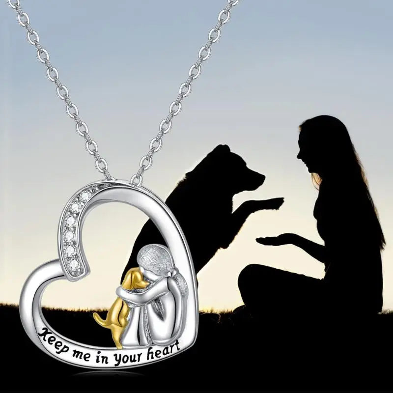 Collier en argent sterling 925 avec design en forme de cœur et de chien, orné de zirconium