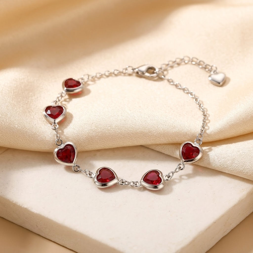 Bracelet Chaîne Rubis Cœur en Argent