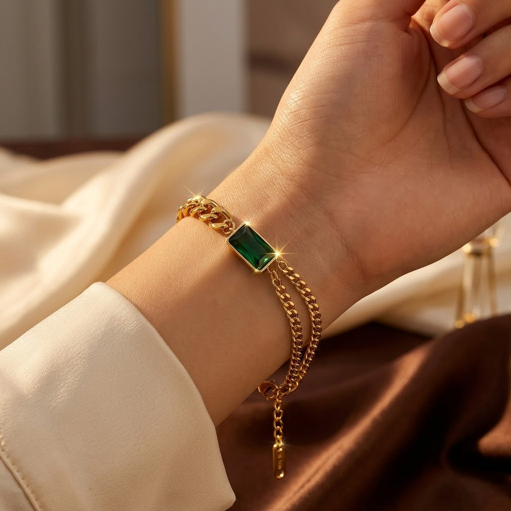Bracelet Chaîne Émeraude Barre en Or