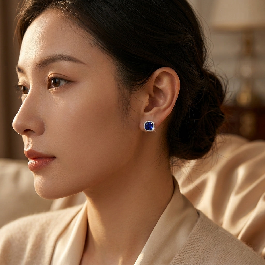 Boucles d'Oreilles Puces Saphir Halo en Argent