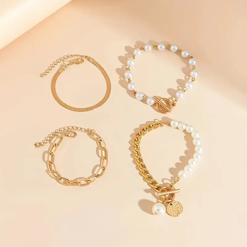Ensemble chic de 4 bracelets dorés – serpent, perles et mailles | Or