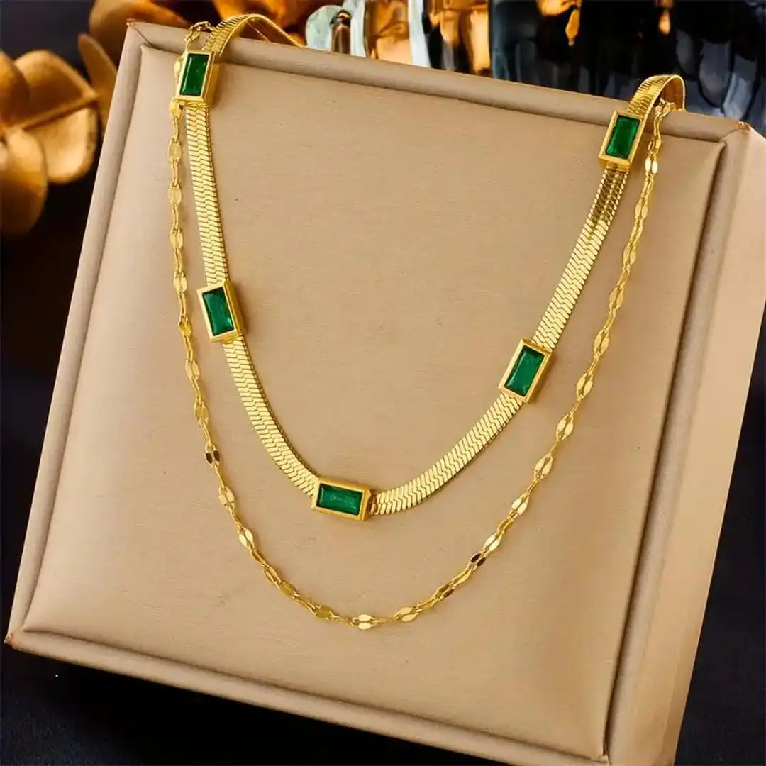 Collier rétro en or à double couche en pierre précieuse