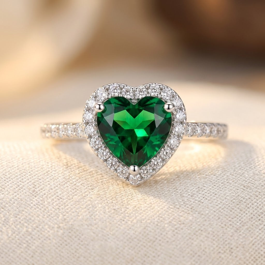 Bague Émeraude Cœur Halo en Argent