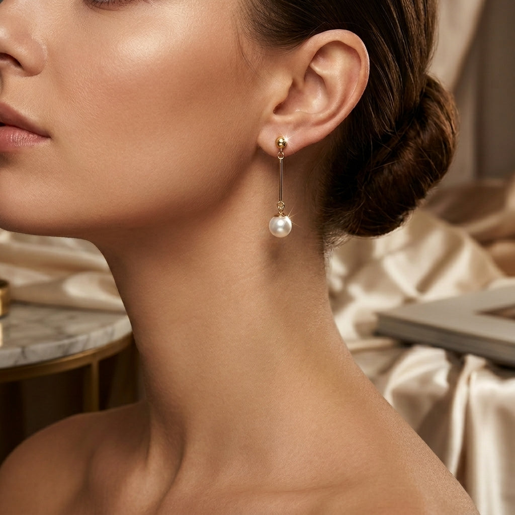 Boucles d'Oreilles Pendantes Longues Perle en Or